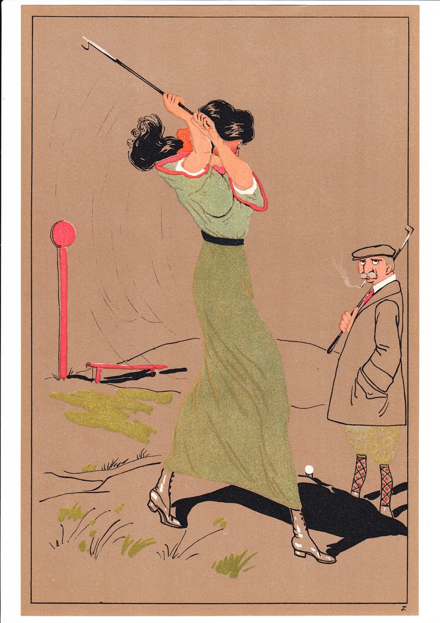 Et trykk av to golfspillere i komiske og humoristiske stillinger, ca. 1920 av English School