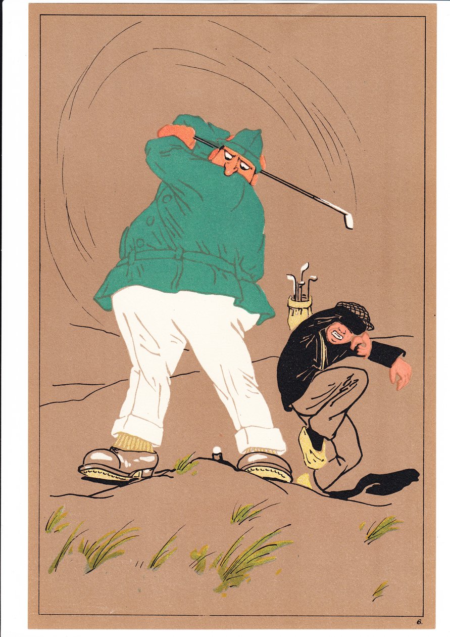Et trykk av to golfspillere i komiske og humoristiske stillinger, ca. 1920 av English School