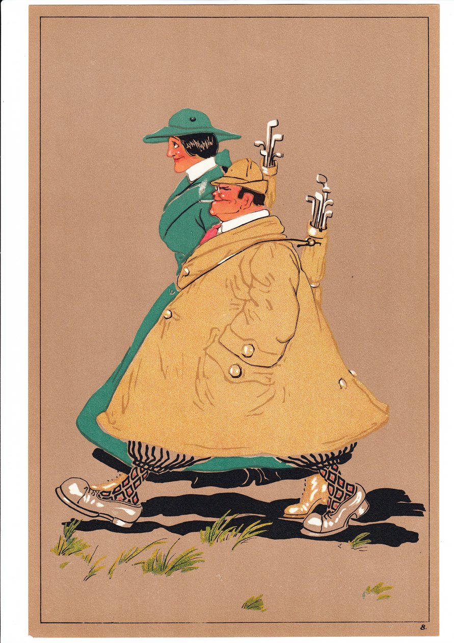 Et trykk av to golfspillere i komiske og humoristiske stillinger, ca. 1920 av English School