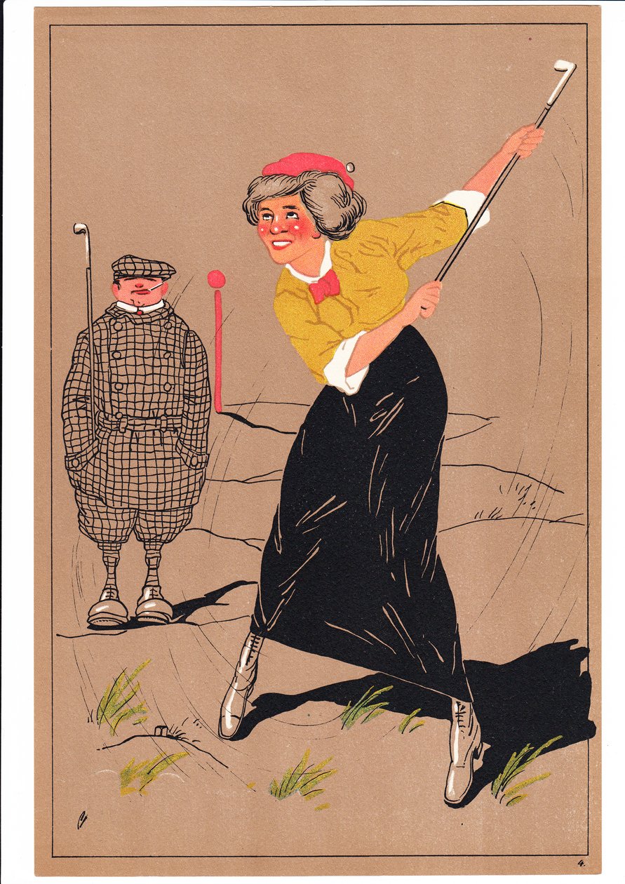 Et trykk av to golfspillere i komiske og humoristiske stillinger, ca. 1920 av English School