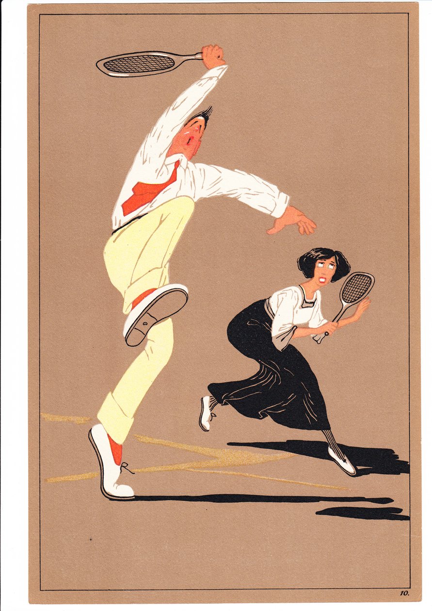 Et trykk av to tennisspillere i komiske og humoristiske stillinger, ca. 1920 av English School