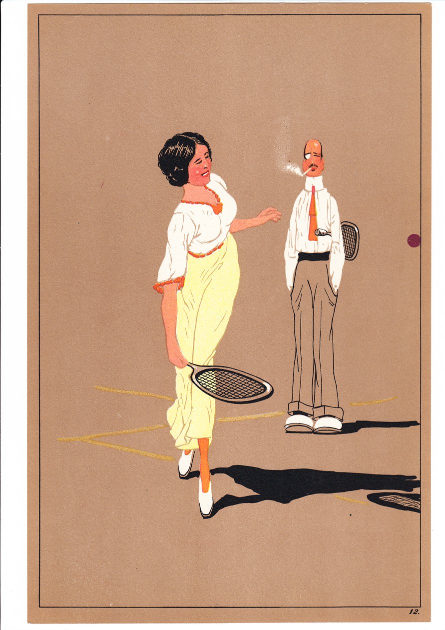 Et trykk av to tennisspillere i komiske og humoristiske stillinger, ca. 1920 av English School