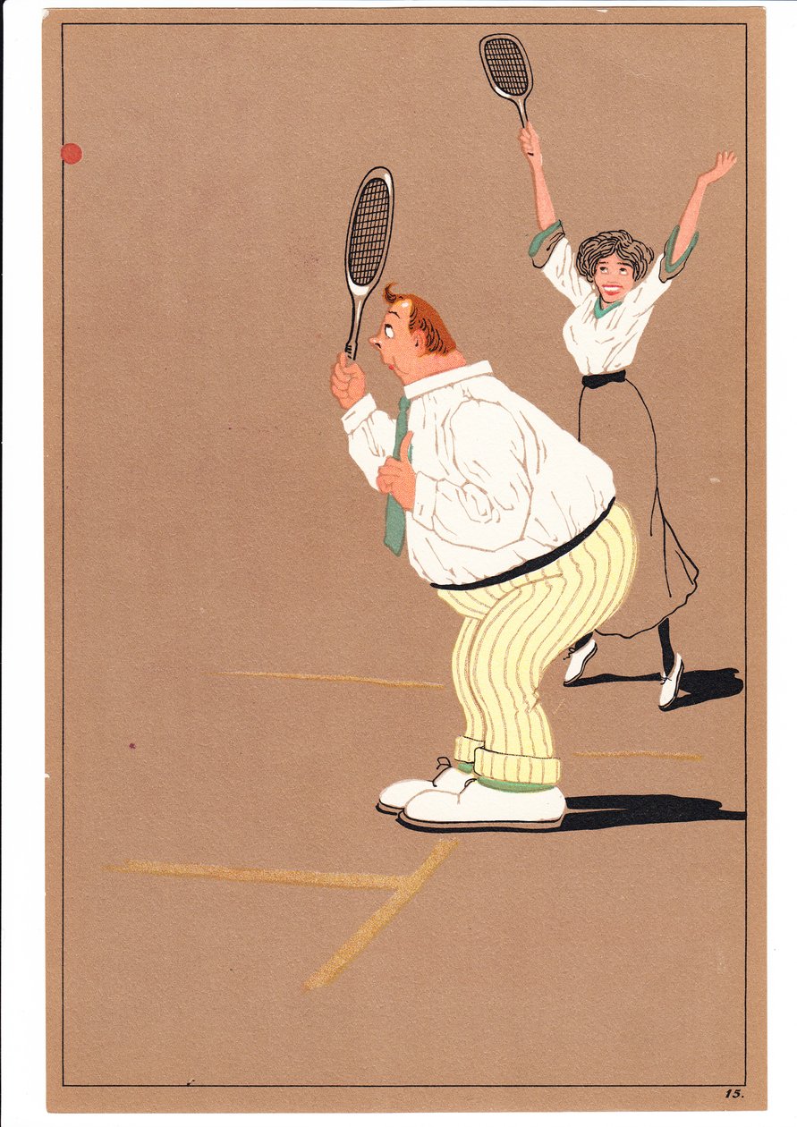 Et trykk av to tennisspillere i komiske og humoristiske stillinger, ca. 1920 av English School