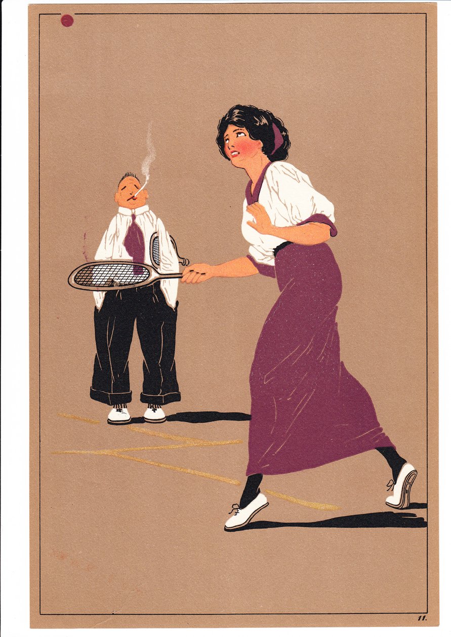 Et trykk av to tennisspillere i komiske og humoristiske stillinger, ca. 1920 av English School