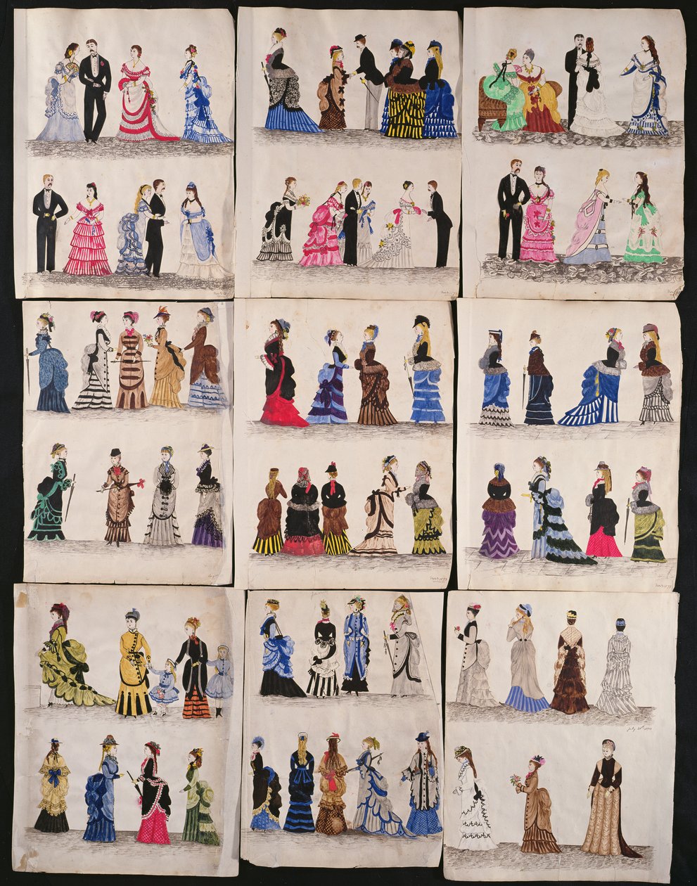 Et utvalg viktorianske moter, inkludert ballroom- og gåkjoler, ca. 1876 (wc på papir) av English School