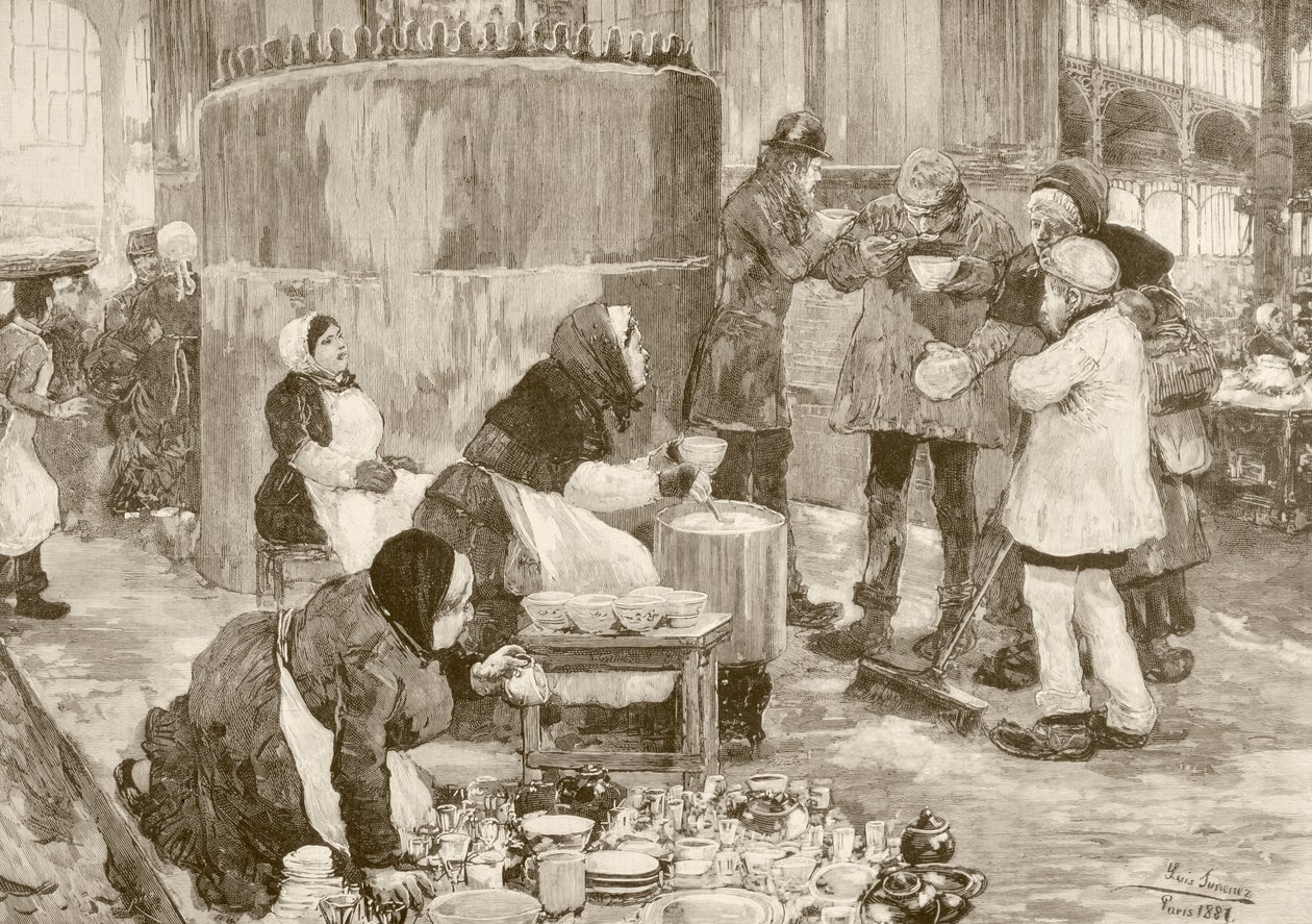 Et suppekjøkken i Paris på 1800-tallet (litho) av English School