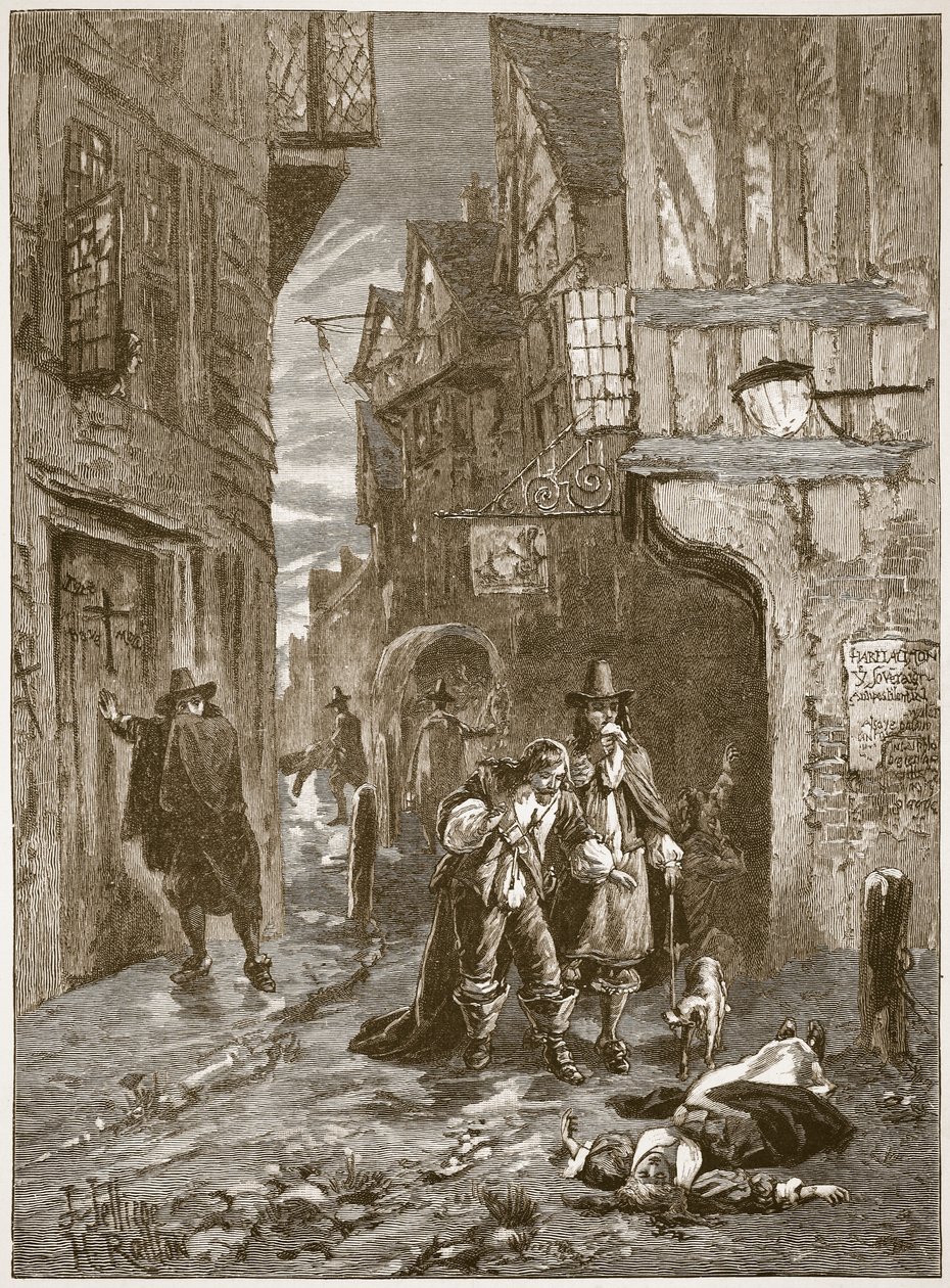 En gate i London under den store pesten, illustrasjon fra Cassells Illustrated History of England (sepia-bilde) av English School