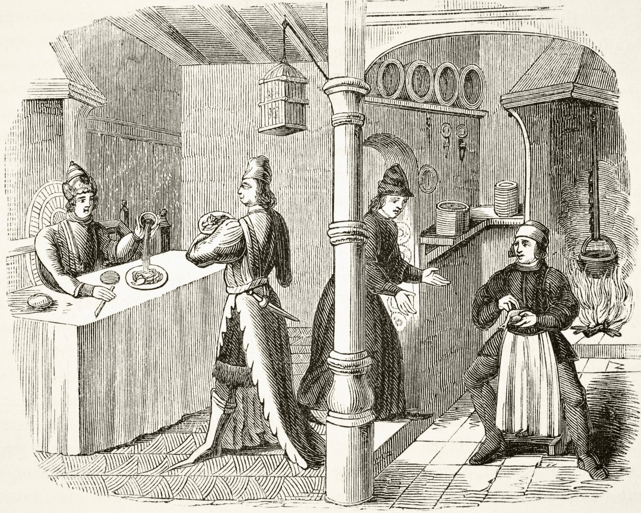 En typisk spisestue og kjøkken fra 1400-tallet, fra 
