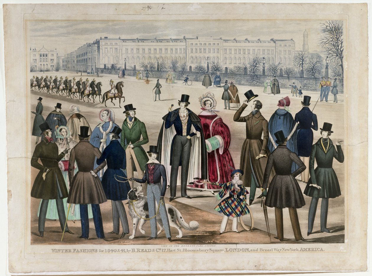 En utsikt i Regents Park, London, som viser vintermoter i 1840 og 1841, utgitt av B.Read & Co, 1840 (akvatint på papir) av English School