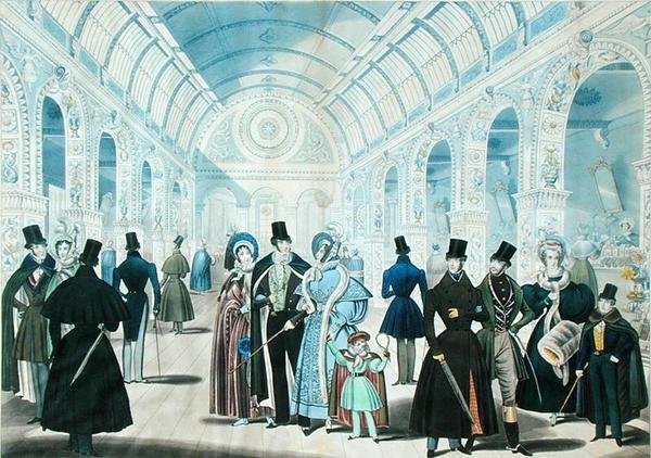 En utsikt i Pantheon, Oxford Street, London, som viser vintermoter fra november 1834 til april 1835, utgitt av B.Read & Co. av English School