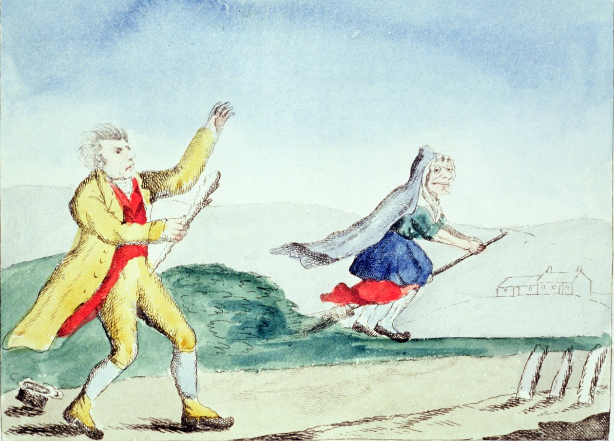 En heks skremmer en mann med en kos, ca. 1790-tallet av English School