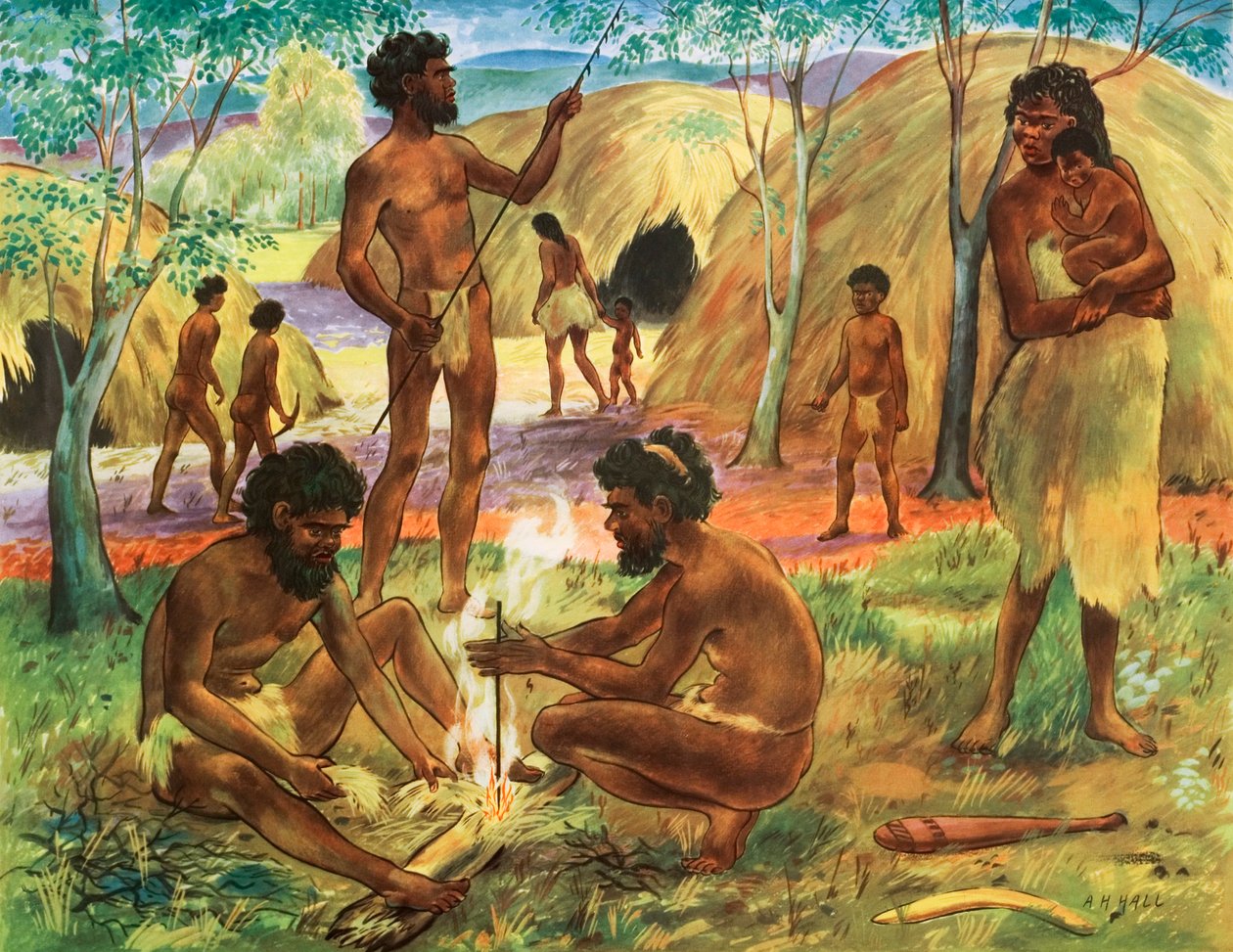 Aboriginere som lager ild (fargelitografi) av English School