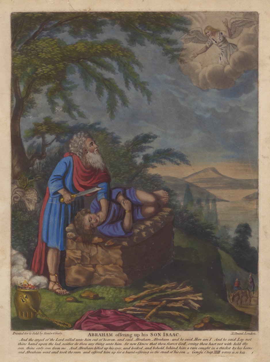 Abraham ofrer sønnen Isak (fargelitografi) av English School