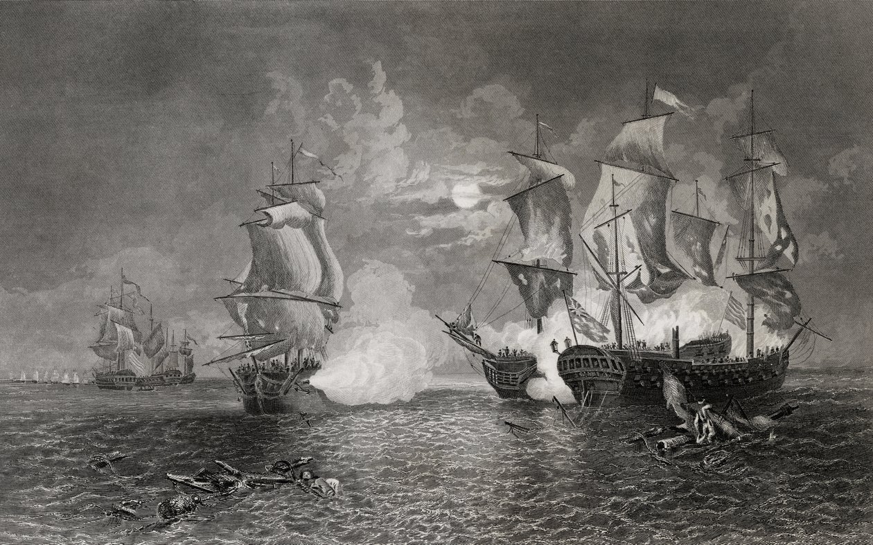 Handling mellom Bonhomme Richard og Serapis, 23. september 1779 (gravering) av English School