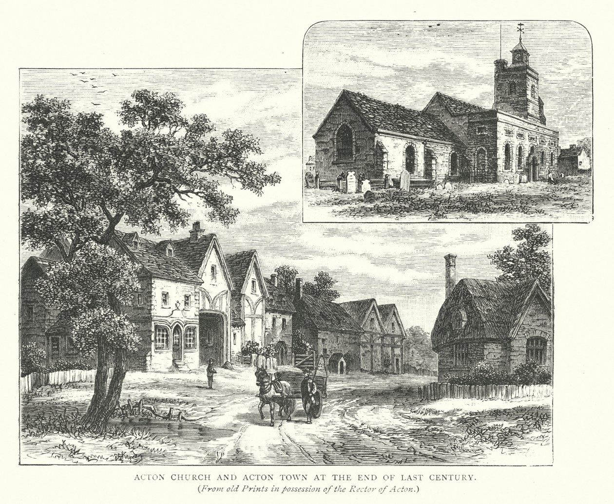 Acton kirke og Acton by på slutten av forrige århundre (gravering) av English School
