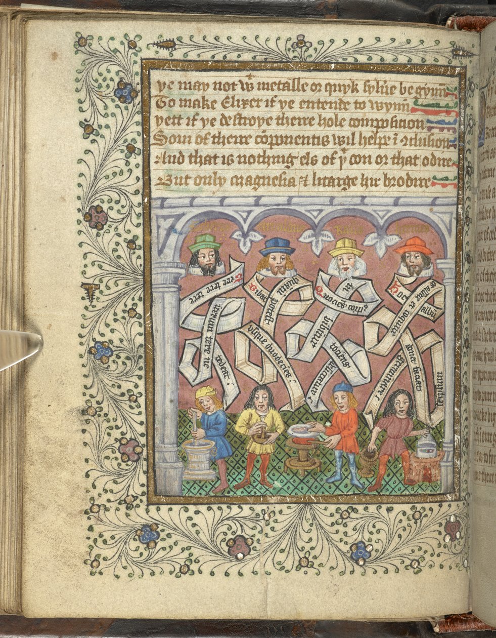 Legg til 10302 fol.32v Alkymistene Geber (800 eller 900 e.Kr.), Arnold av Villanova, Rhasis og Hermes Trismegistus, fra 