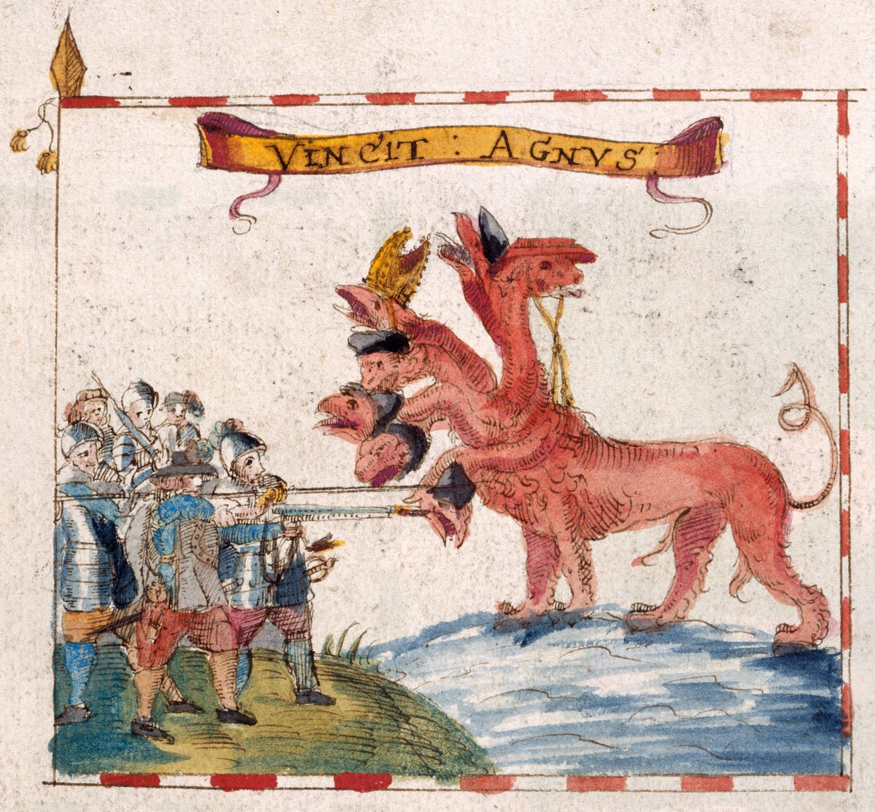 Legge til. 12447, f.23v Parlamentariske soldater som angriper apokalypsens beist, fra 