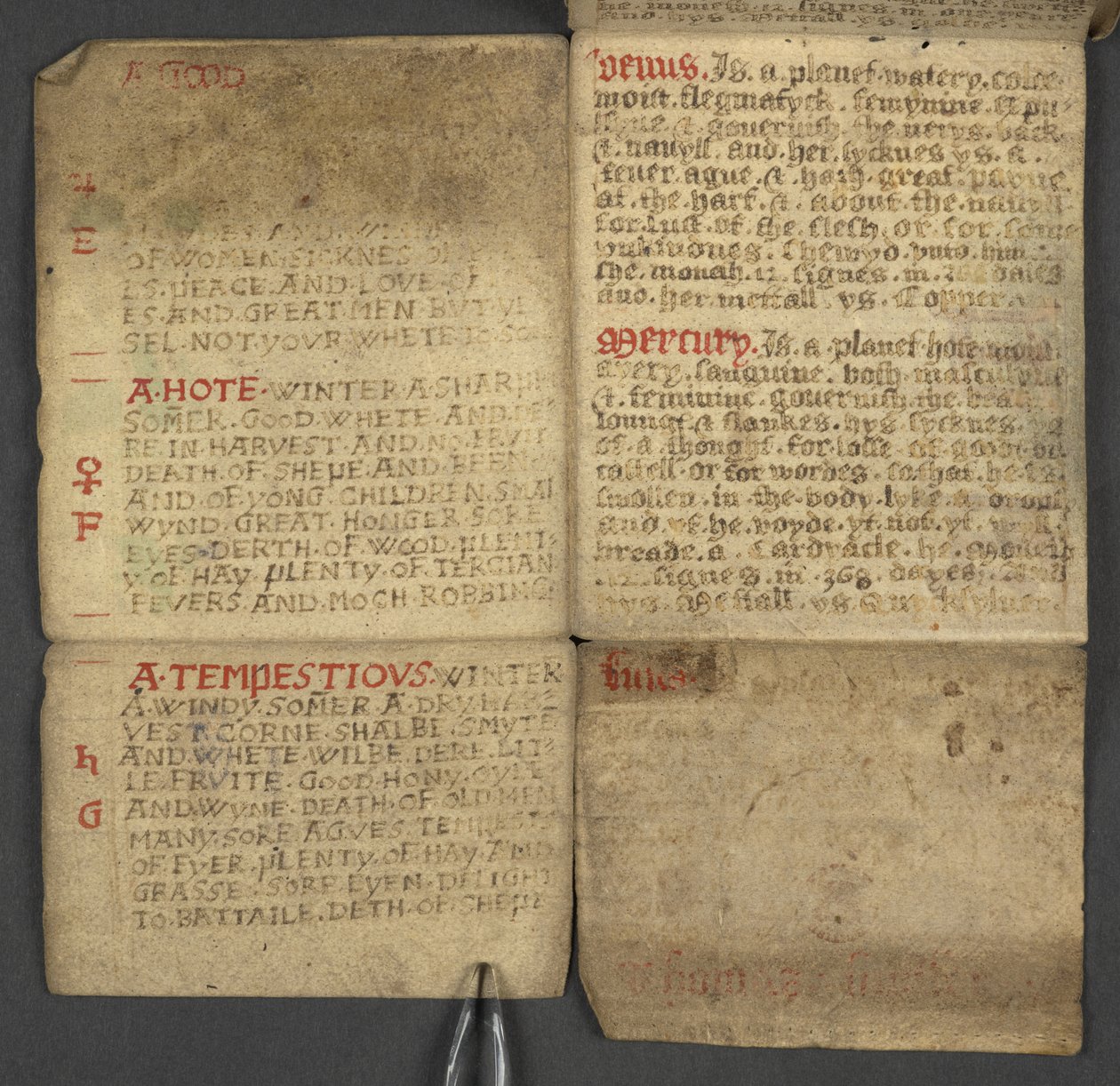 Legge til. 17367, f.10r fra almanakk, inneholdende tabell med dominiske bokstaver og gylne tall; veibeskrivelse for å finne de bevegelige festene; helgenkalender, epoker, liste over engelske suverene, værprognoser, påvirkning av dyrekretsens tegn (vell av English School