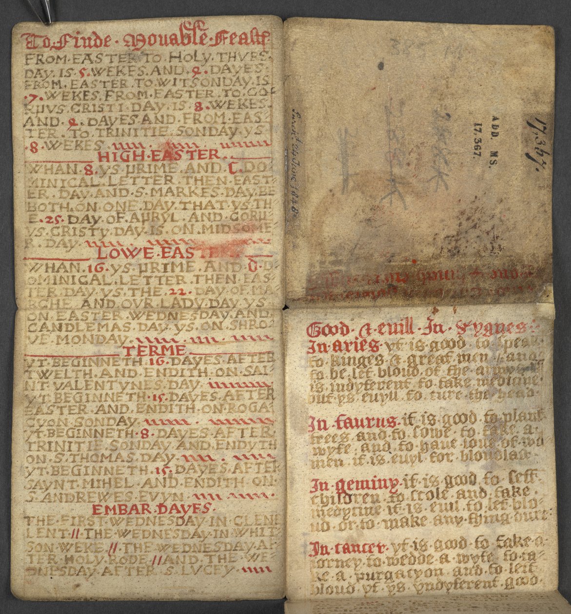 Legge til. 17367, f.1r fra almanakk, inneholdende tabell med dominiske bokstaver og gylne tall; veibeskrivelse for å finne de bevegelige festene; helgenkalender, epoker, liste over engelske suverene, værprognoser, påvirkning av dyrekretsens tegn (vellu av English School