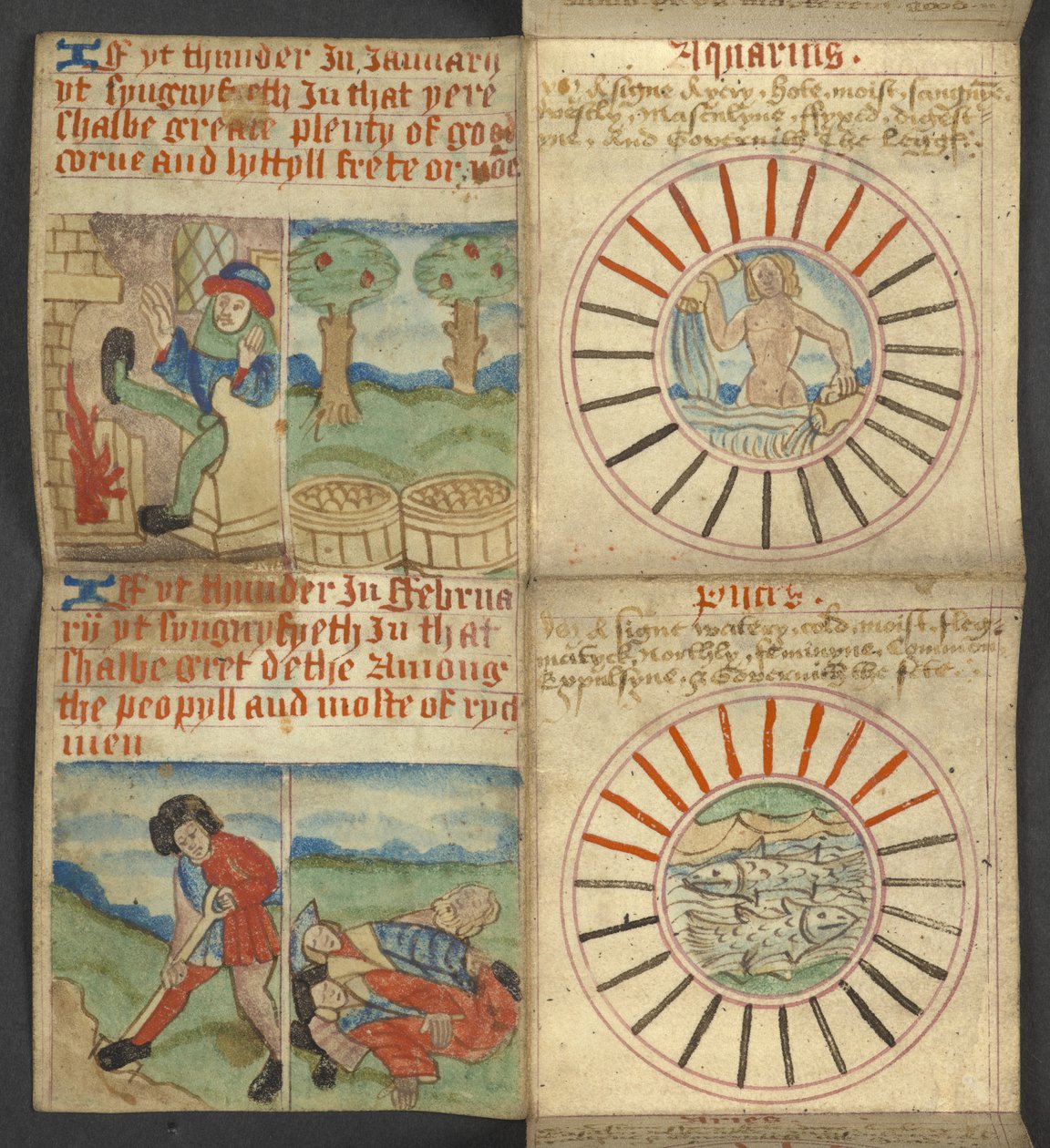 Legge til. 17367, f.3r Aquarius & Pisces, fra Almanac, som inneholder tabell med dominiske bokstaver og gylne tall; veibeskrivelse for å finne de bevegelige festene; helgenkalender, epoker, liste over engelske suverene, værprognoser, påvirkning av tegn o av English School