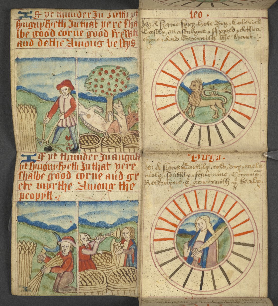 Legge til. 17367, f.6r Leo & Jomfruen, fra Almanac, som inneholder tabell med dominiske bokstaver og gylne tall; veibeskrivelse for å finne de bevegelige festene; helgenkalender, epoker, liste over engelske suverene, værprognoser, påvirkning av tegnene til av English School