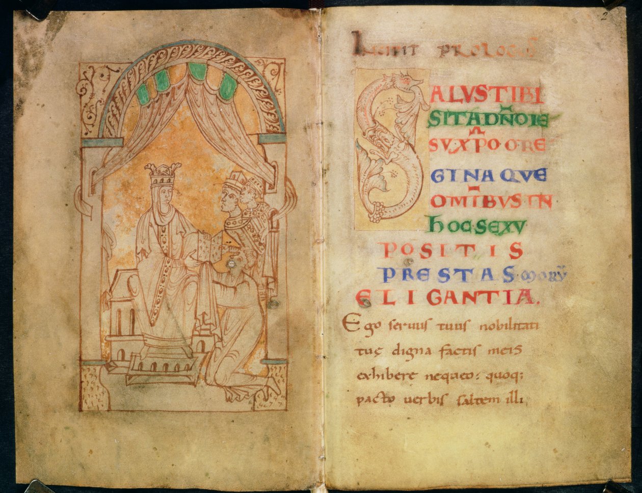 Legg til 33241 ff.1v-2 Dronning Emmas kone til Ethelred II og Cnut mottar boken fra forfatteren; Stor `S