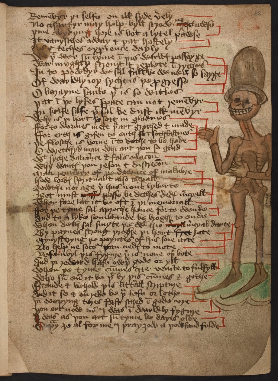 Legg til 37049 f.32 Marginalbilde av et flirende skjelett som vinker og har på seg en høy hatt, som illustrerer 'The Dawnce of Makabre' ca. 1460-1500 (blekk og farge på vellum) av English School