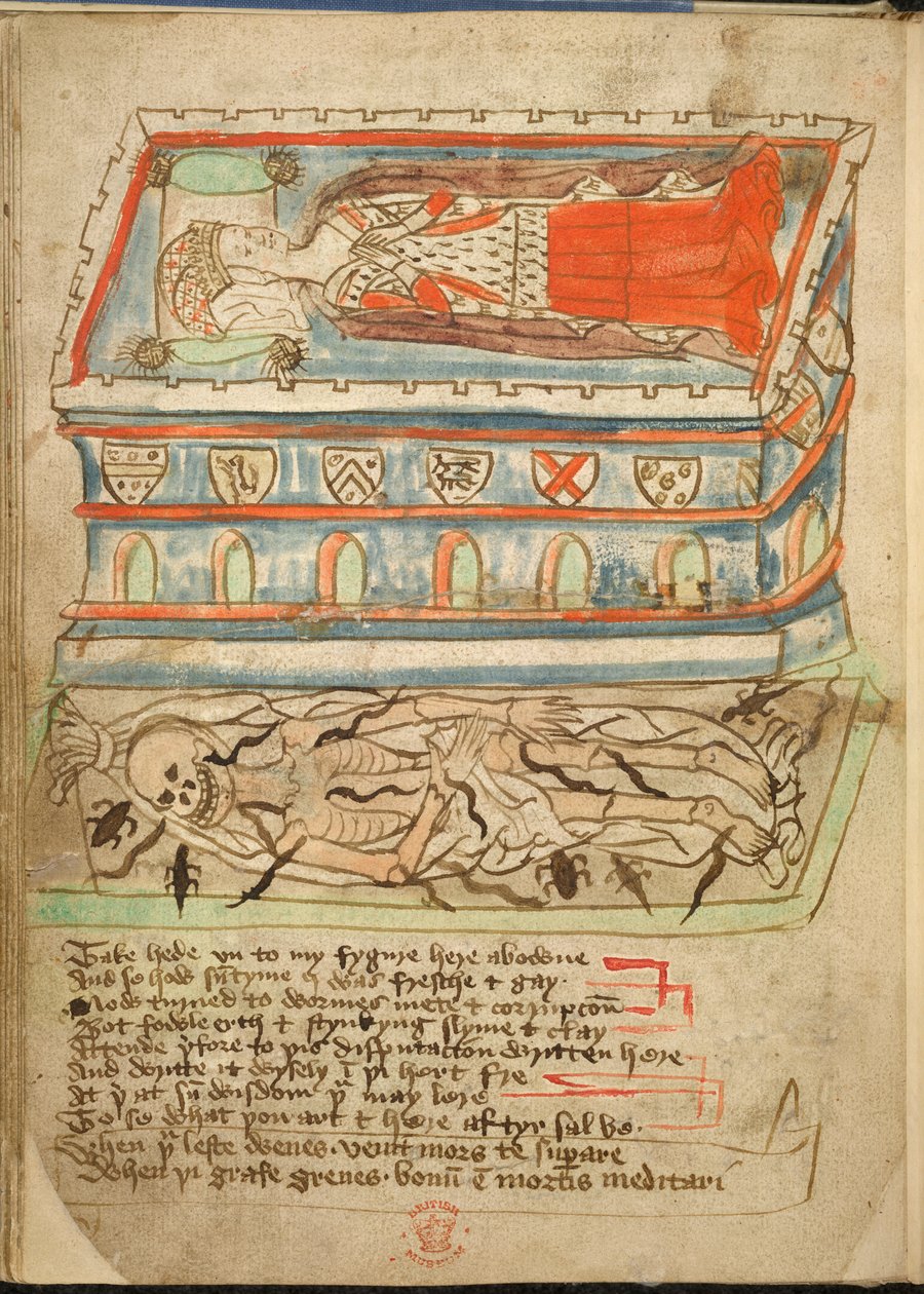 Legge til. 37049, f.32v, Et kvinnelik ligger i en kiste, et skjelett kan sees nedenfor, fra 