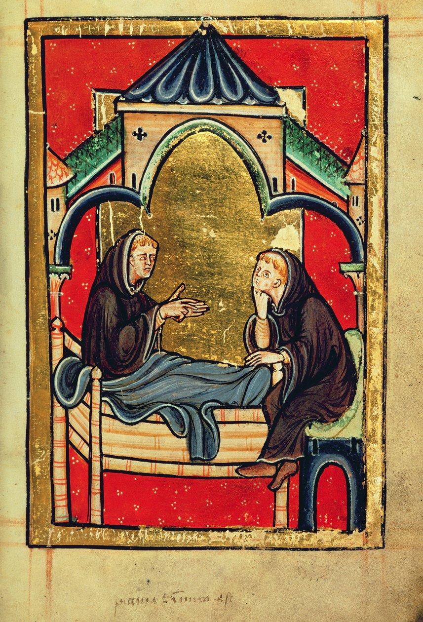 Adăugați 39943 f.21 Boisil, priorul lui Cuthbert la Melrose, pe patul de moarte, din „Viața și miracolele Sfântului Cuthbert” de Bede, latină (Durham) (vellum)norvegiană av English School