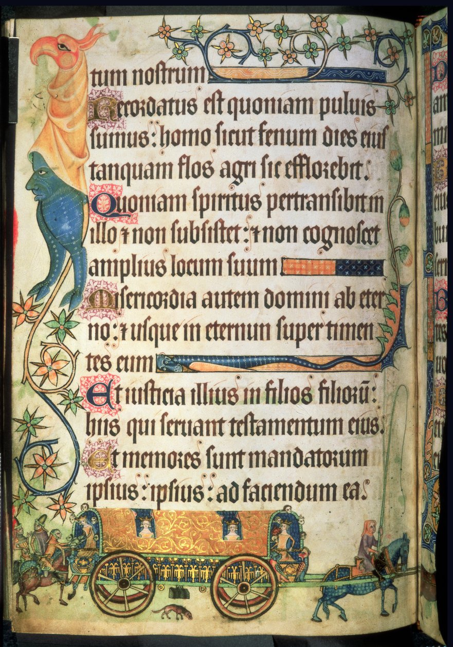 Legg til 42130 f.181v Salme 102: Reisevogn for kongelige damer, fra 'Luttrell Psalter', ca. 1325-35 (vellum) av English School