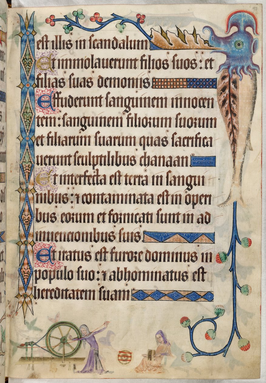 Legge til. 42130, f.193, Salme 105, Kvinner som spinner og karder ull, fra 'Luttrell Psalter', ca. 1325-35 (vellum) av English School