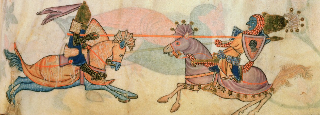 Legg til 42130 f.82 Detalj av to riddere på dyst, fra 'Luttrell Psalter', ca. 1325-35 (vellum) av English School