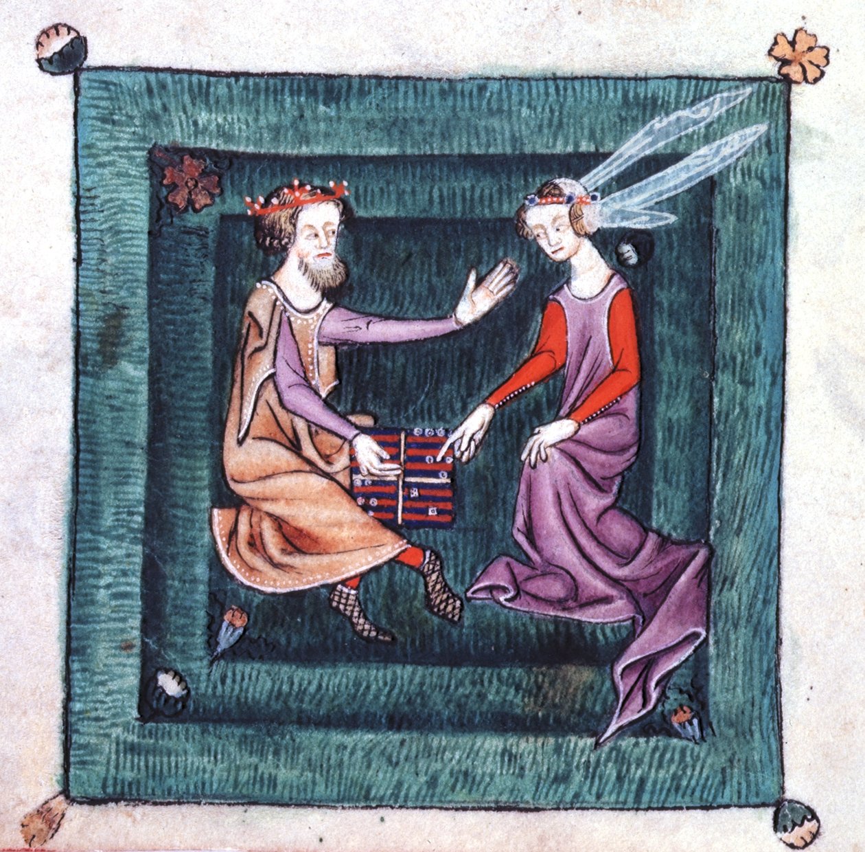 Legg til 42130 fol.76v En konge og dame som sitter i en hage og spiller et brettspill som ligner backgammon, fra Luttrell Psalter, startet før 1340 for Sir Geoffrey Luttrell (vellum) av English School