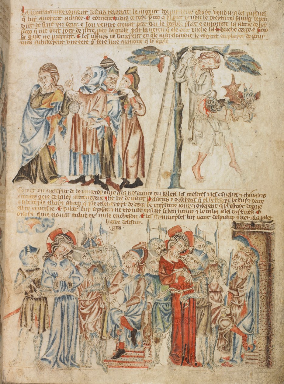 Legge til. 47682, f.30, Judas returnerer de tretti sølvpengene; Judas død; Kristus før Pilatus og før Herodes, fra Holkham Bible Picture Book, ca. 1320-30 (vellum) av English School