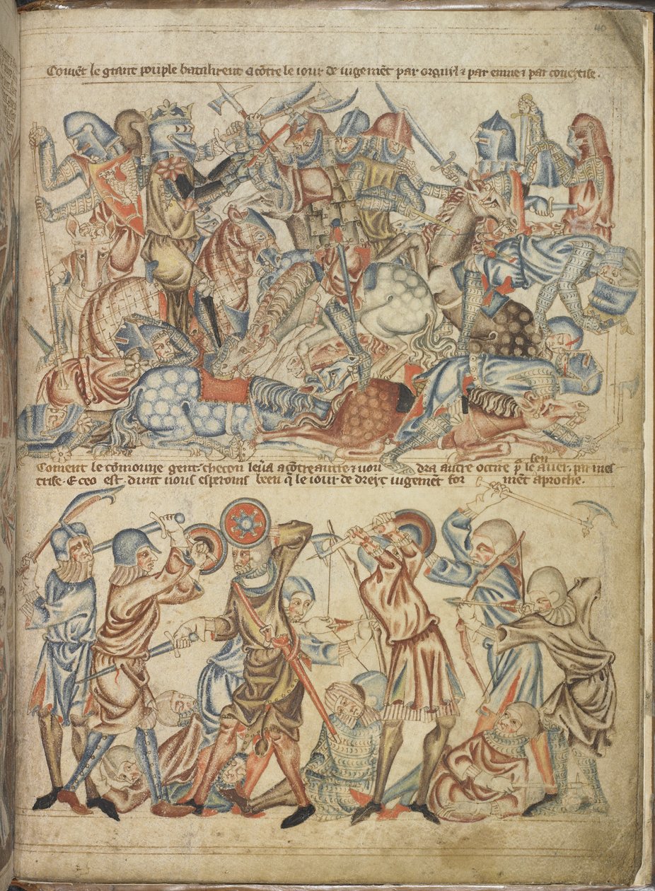 Legg til 47682 f.40 jevnaldrende og vanlige som kjemper ved Bannockburn-slaget, fra 'Holkham Bible', ca. 1320-30 (vellum) av English School