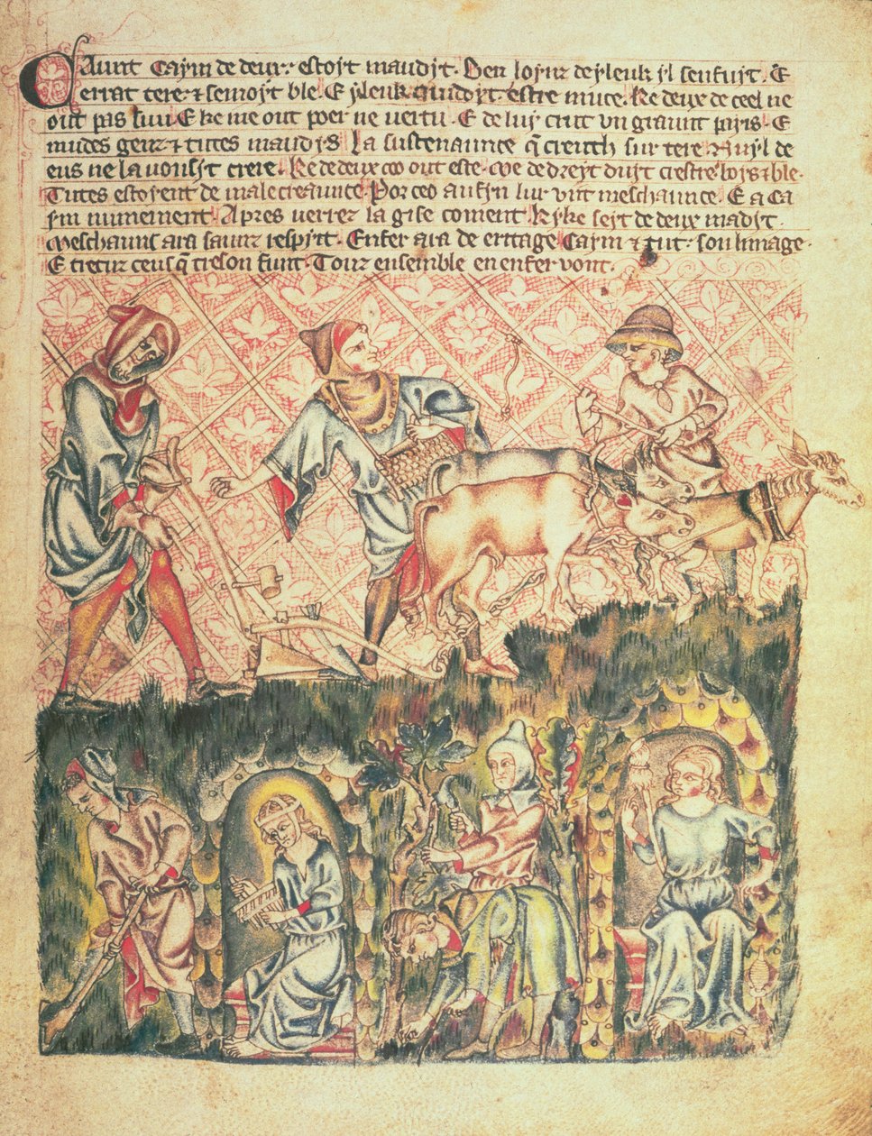 Legg til 47682 f.6 Kain og hans etterkommere, fra 'Holkham Bible', ca. 1320-30 (vellum) av English School
