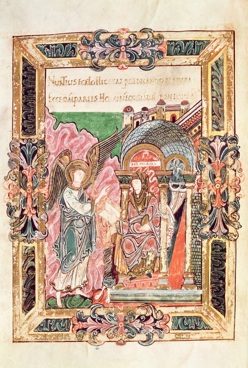 Legg til 49598 Annunciation, fra Benedictional of St. Aethelwold, Winchester, ca. 980 (vellum) av English School