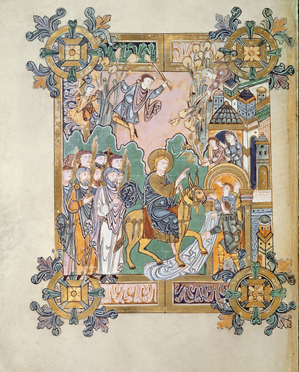 Legg til 49598 f.45v Entry into Jerusalem, from Benedictional of St. Aethelwold, Winchester, c.980 (vellum) av English School