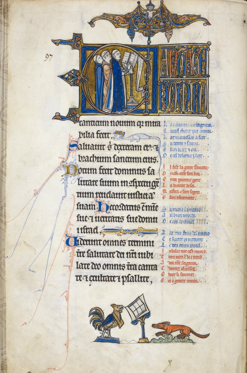 Legge til. 50000, f.146v Salme 97; initial 'C', tre funksjonærer ved en talerstol, syngende. Ved foten av folioen, en hane som forkynner for en rev, fra Oscott Psalter, ca. 1265-70 (vellum) av English School