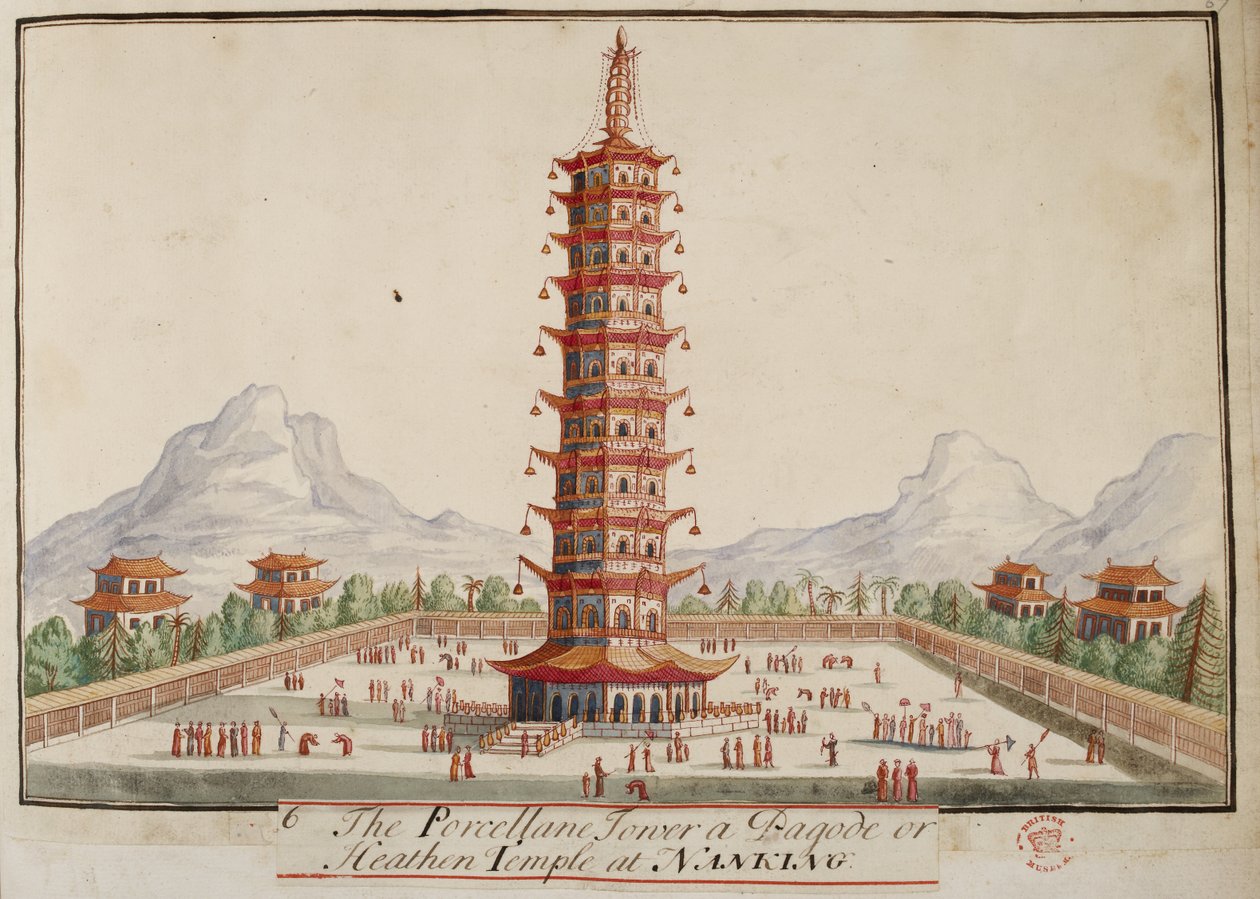 Legge til. 5353, f.67 Porselenstårnet (porselen), en pagode eller et hedensk tempel i Nanking, fra Collections of Costumes of Various Nations av English School