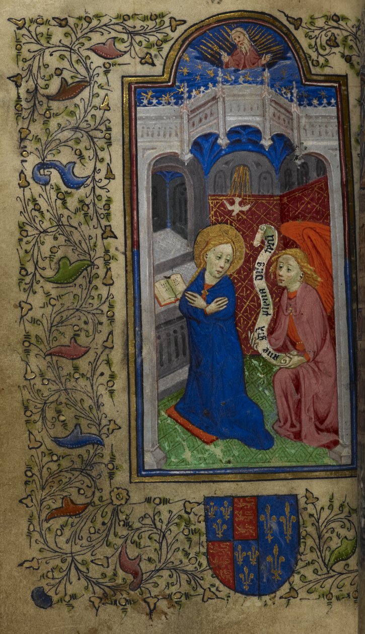 Legg til. 65100, f.27v Bebudelsen, Catherine de Valois timer, ca. 1420-22 (vellum) av English School
