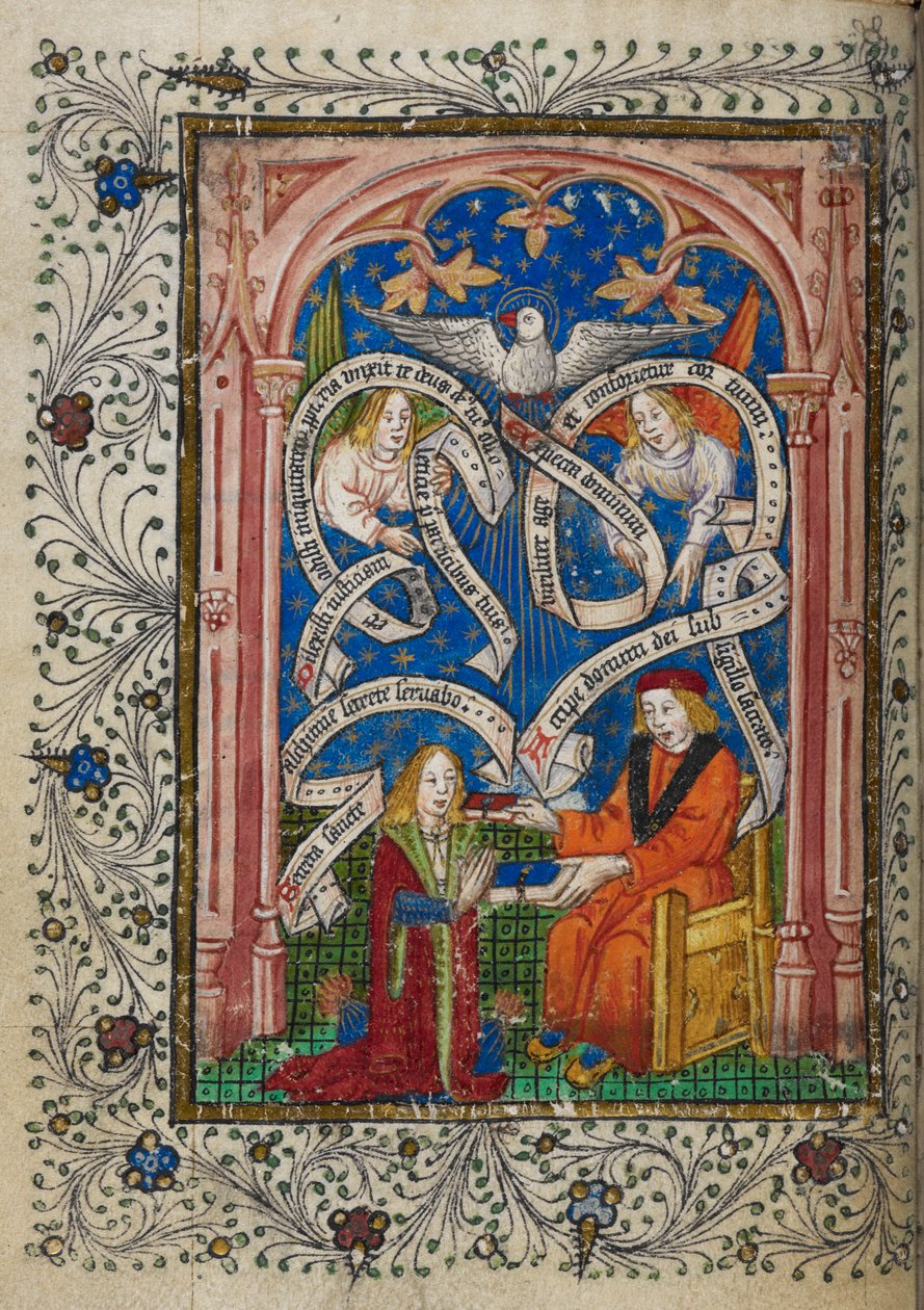 Legg til MS 10302 f.6v En alkymistisk disippel mottar en bok fra sin mester, fra 