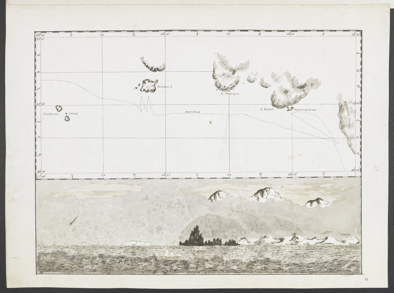 Legg til MS 15500 f.13 tjueto kart, utsikt over nes osv., tatt under kaptein Cooks reise i oppløsningen gjennom Stillehavet og Sørishavet av English School