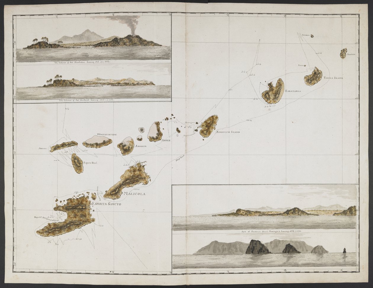 Legg til MS 15500 f.17 tjueto kart, utsikt over nes, etc., tatt under Captain Cooks reise i Resolution gjennom Stillehavet og Sørishavet av English School