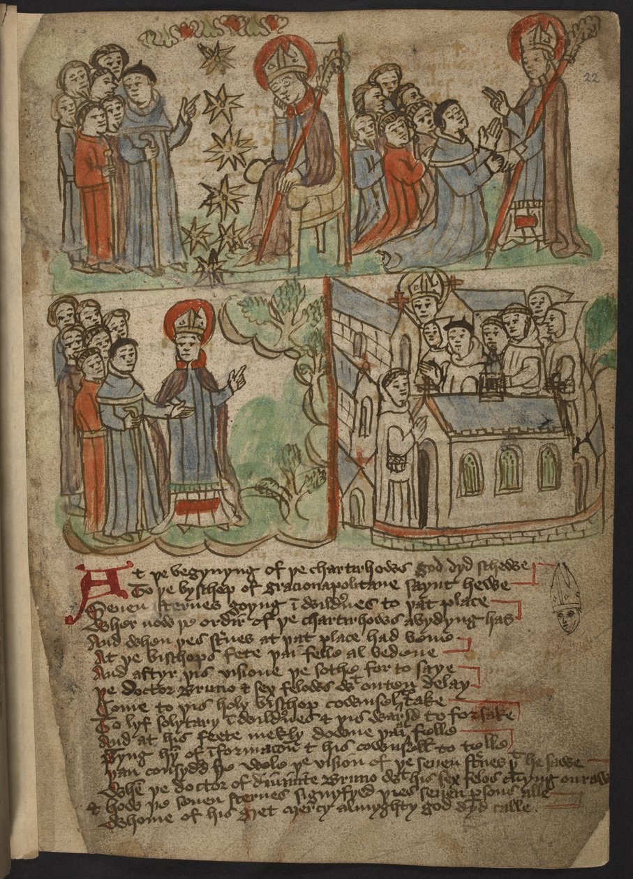 Legg til MS 37049, f.22 The Carthusian Miscellany (Religious Prose and Verse) på nordengelsk, inkludert et symbol (oppsummering) av Mandevilles reiser (blekk og farger på papir) av English School