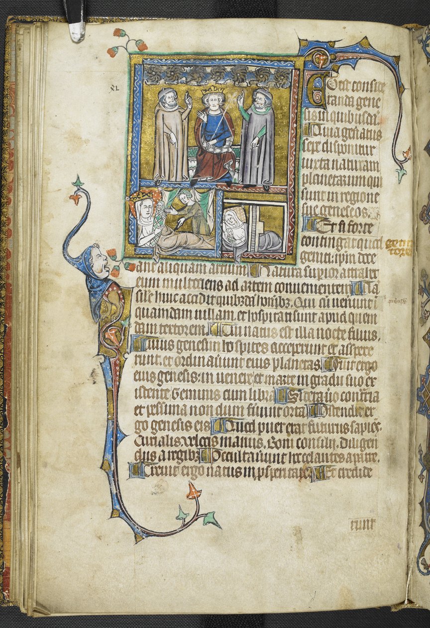Legg til MS 47680 f.31v Alexander med to astrologer som peker på stjernene med en dronning og en kvinne med nyfødte babyer, fra 