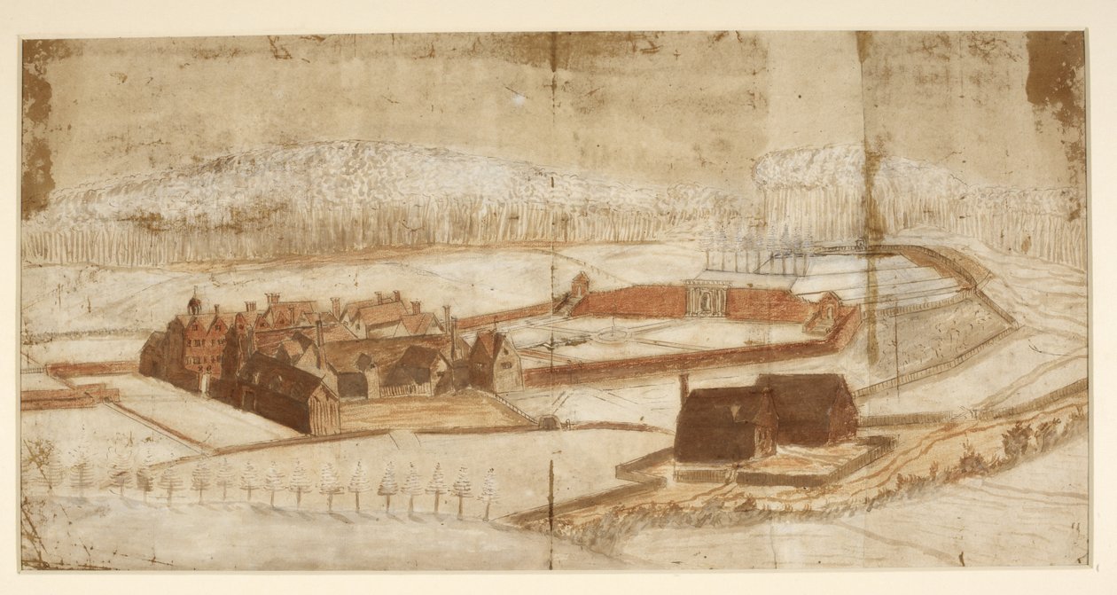 Legg til MS 78610H View of Wotton med hagen, grotten og omegn, ca. 1650 (penn og blekk med fargestift og vask på papir) av English School