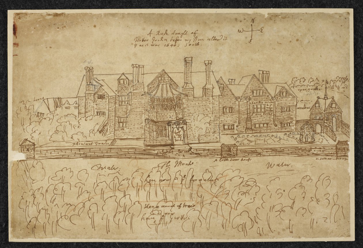 Legg til MS 78610 A 'A Rude draght of Wotton Garden before my Bro: change it & as it was 1640: South',1640 (penn og blekk på papir) av English School