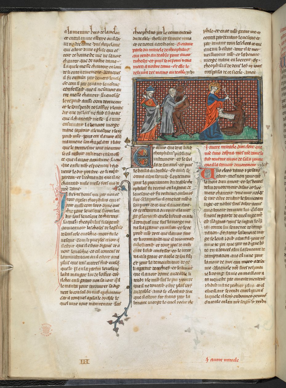 Legge til. Ms 17275 fol.29v Theophilus, Djevelen og Jomfru Maria (vellum) av English School