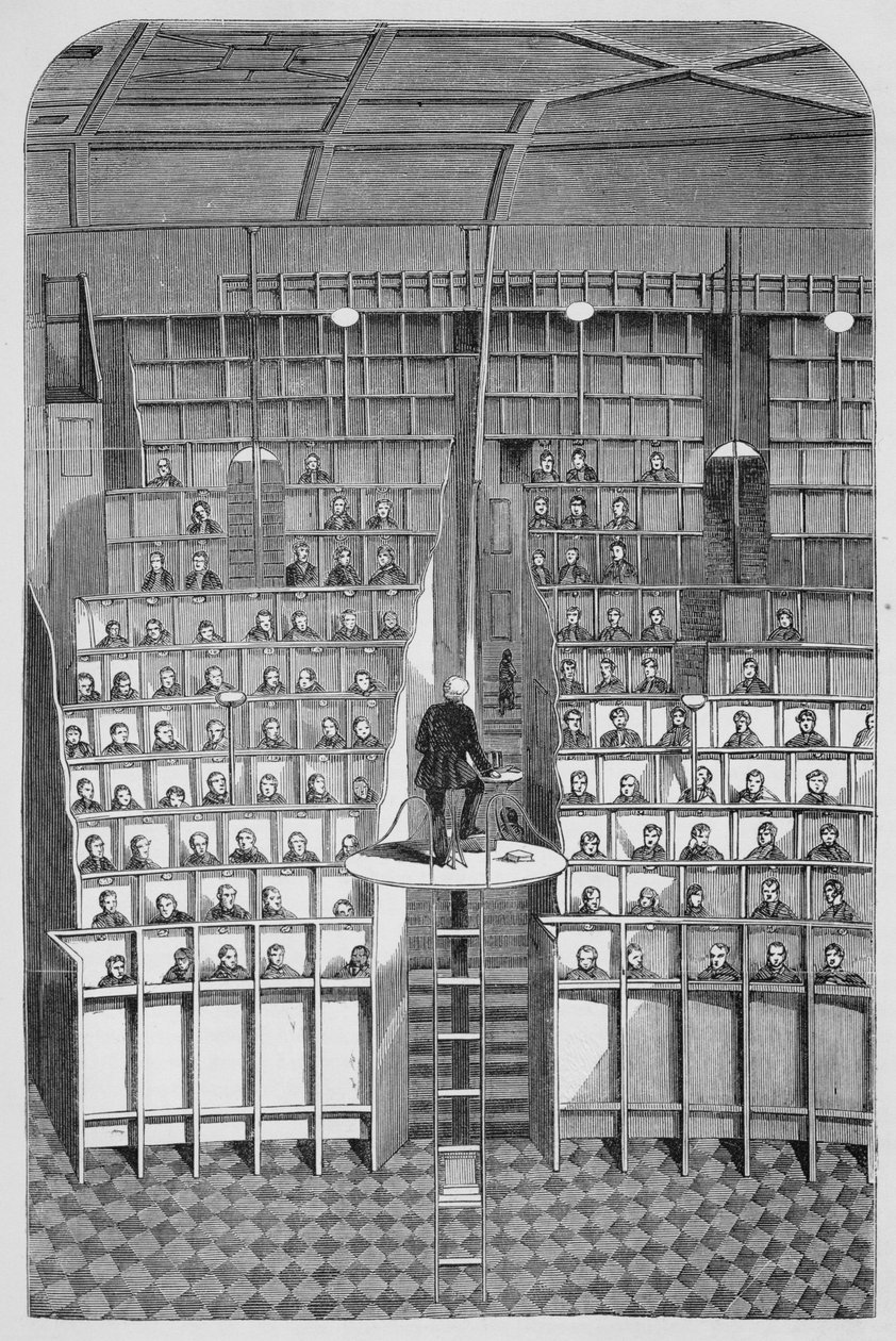 Voksenskole i kapellet, på det separate systemet, ved Surrey House of Correction, Wandsworth, fra The Criminal Prisons of London og Scenes of Prison Life av Henry Mayhew (1812-87) og John Binn av English School